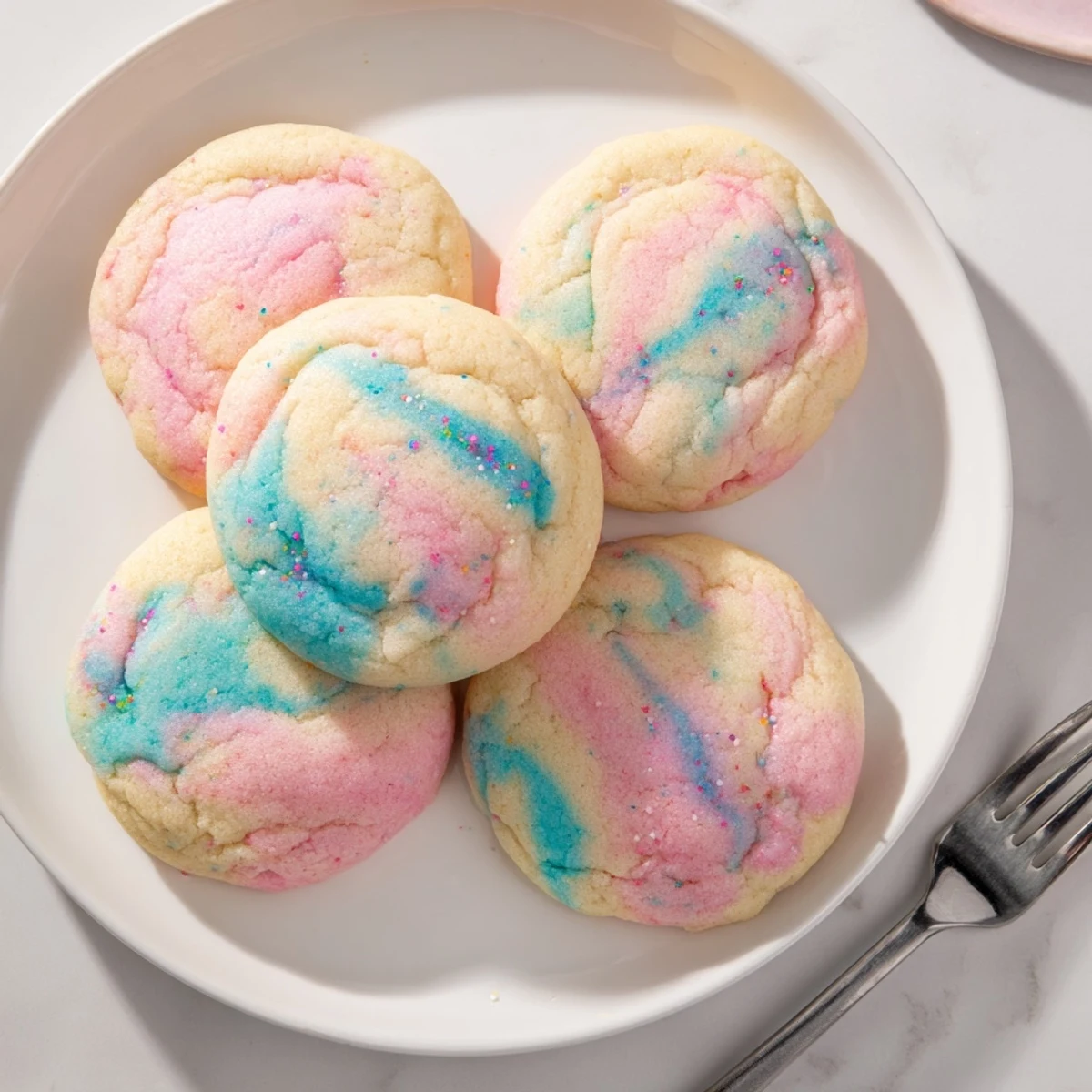Soft cotton candy cookies with swirled pink and blue pastel dough on a rustic baking sheet