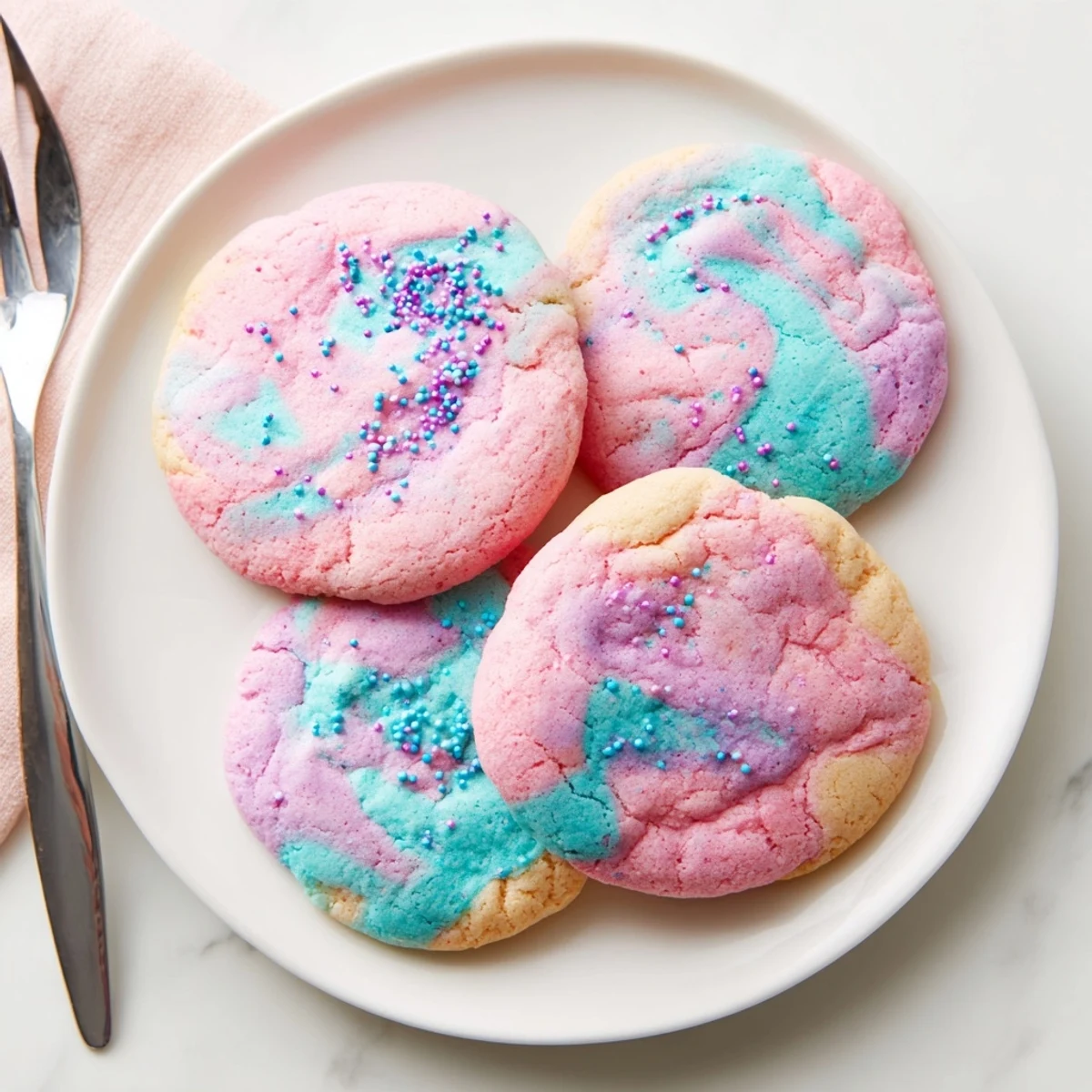 Cotton candy cookies topped with colorful sprinkles arranged on a white serving platter