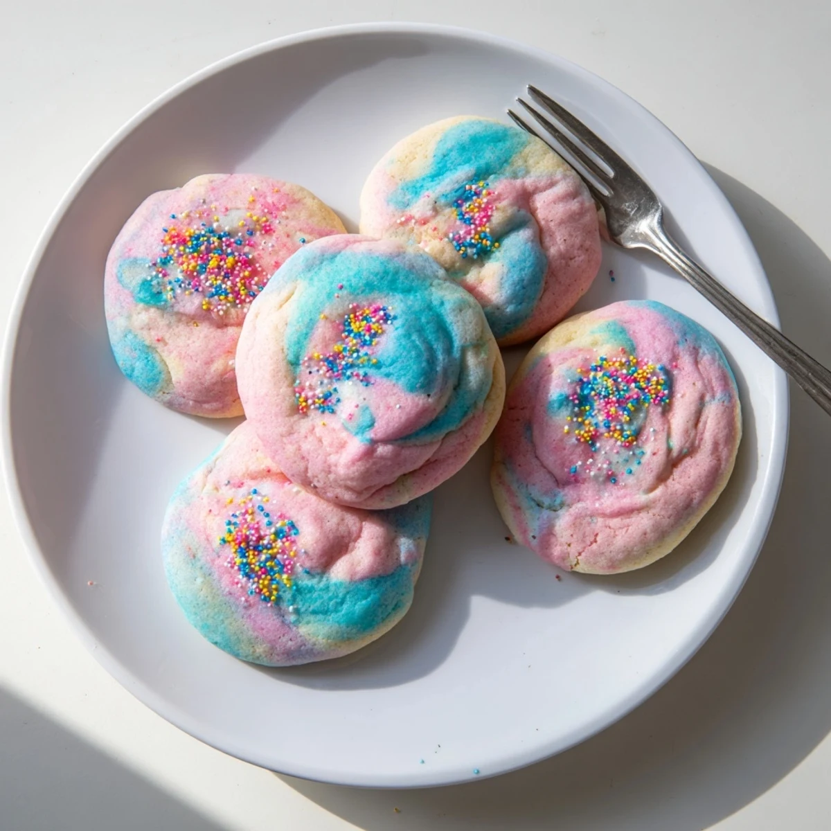 Golden-edged cotton candy cookies with marbled pastel hues cooling on a wire rack