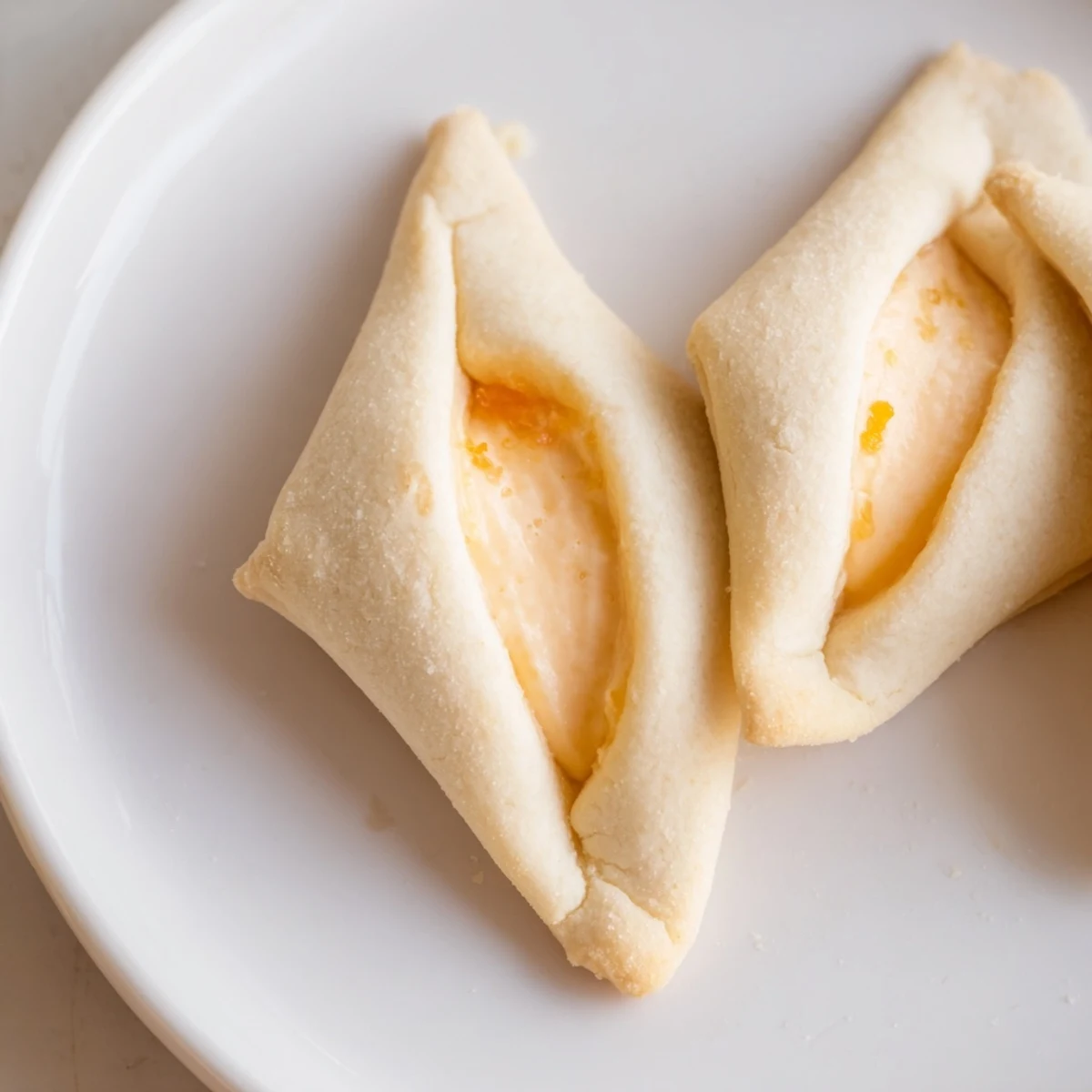 Golden creamsicle hamentaschen with creamy orange filling on a rustic baking sheet