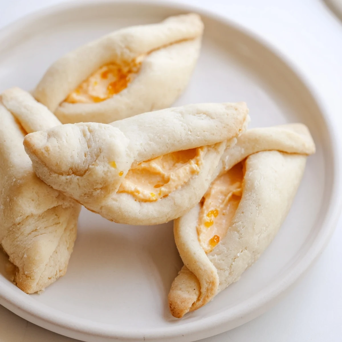Creamsicle hamentaschen triangles dusted with powdered sugar on a white plate