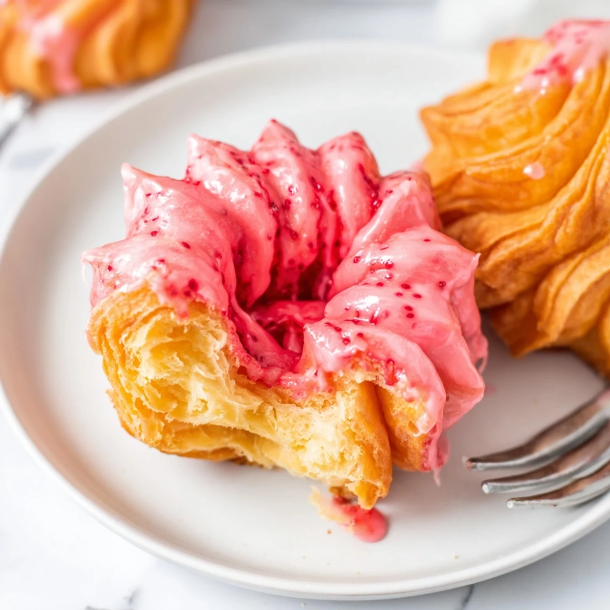 Golden Strawberry Glazed French Crullers with glossy pink icing on a wire cooling rack