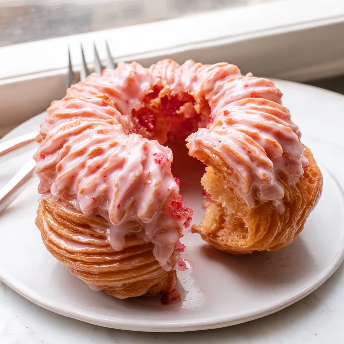 Crispy piped Strawberry Glazed French Crullers drizzled with vibrant berry glaze alongside fresh strawberries