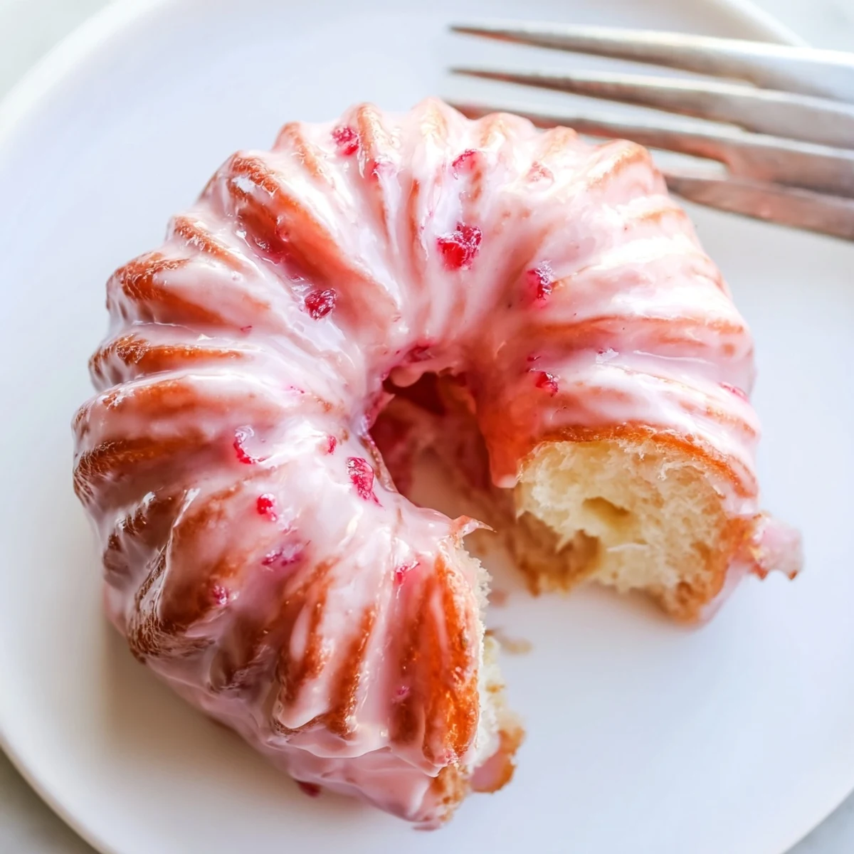 Light and airy Strawberry Glazed French Crullers dusted with powdered sugar served on a vintage plate