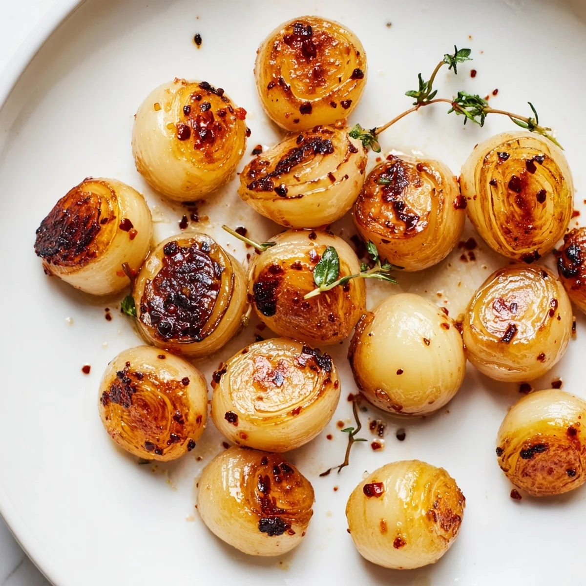 Golden air fried pearl onions seasoned with smoked paprika served in a rustic bowl