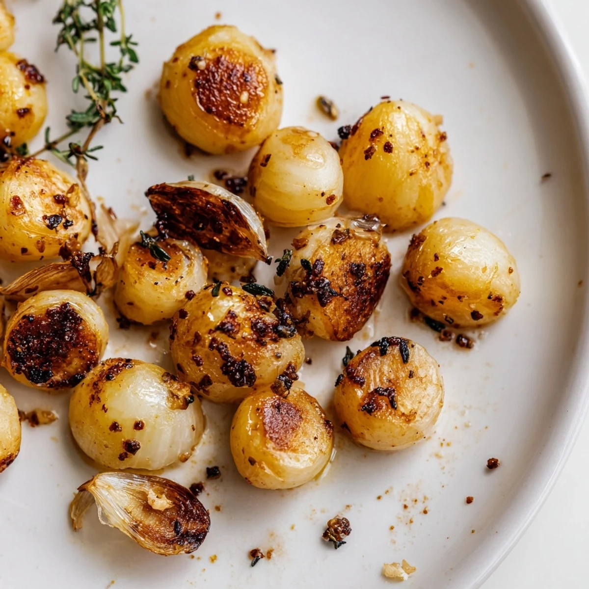 Crispy air fried pearl onions piled on a plate with fresh parsley garnish