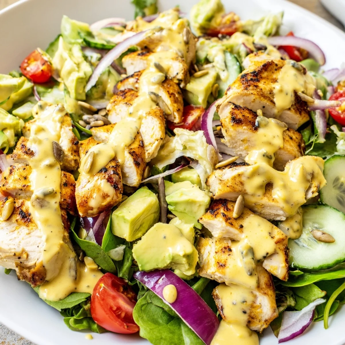 Creamy honey mustard chicken salad topped with sliced avocado and cherry tomatoes on fresh greens