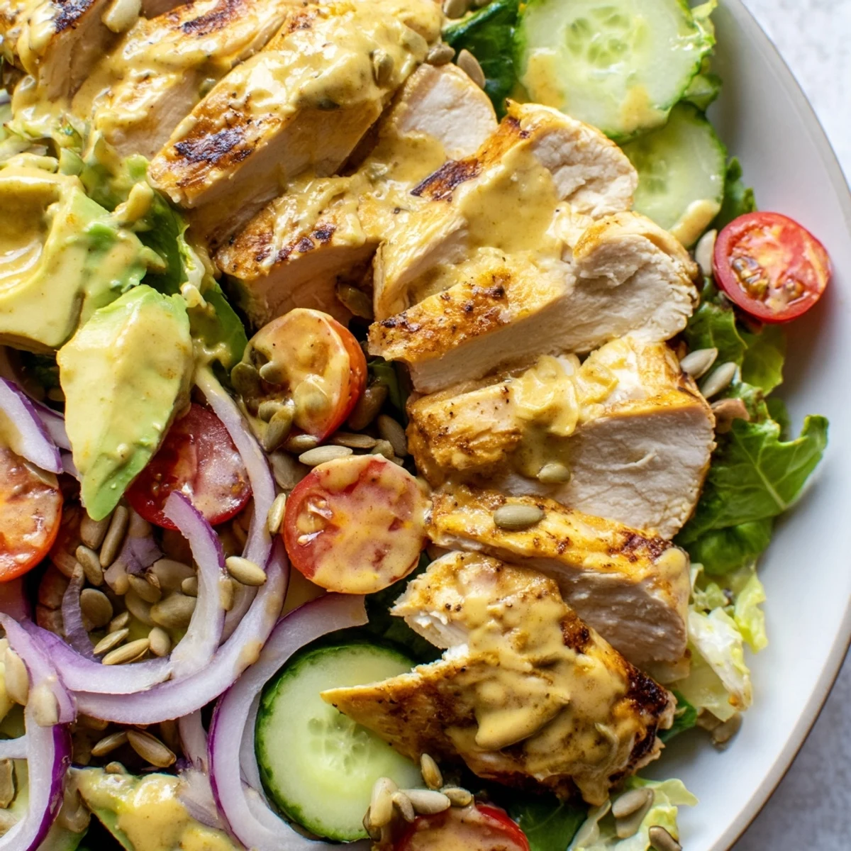 Tender grilled chicken draped in golden creamy honey mustard dressing over a crisp colorful salad bed