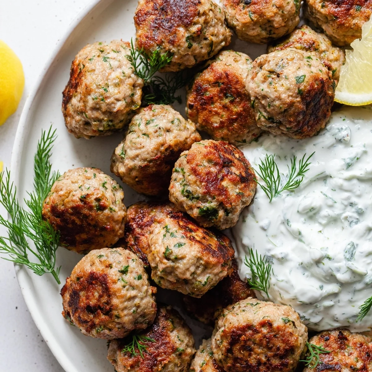 Golden Greek turkey meatballs with herbed breading rest beside a bowl of cool tzatziki sauce.