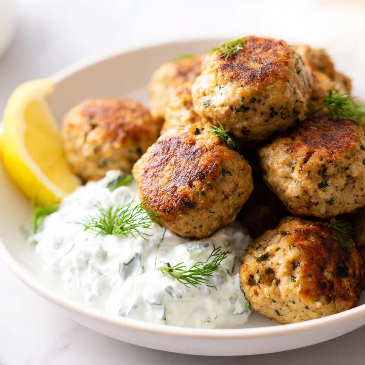 Juicy Mediterranean turkey meatballs drizzled with creamy tzatziki on a rustic white dinner plate.