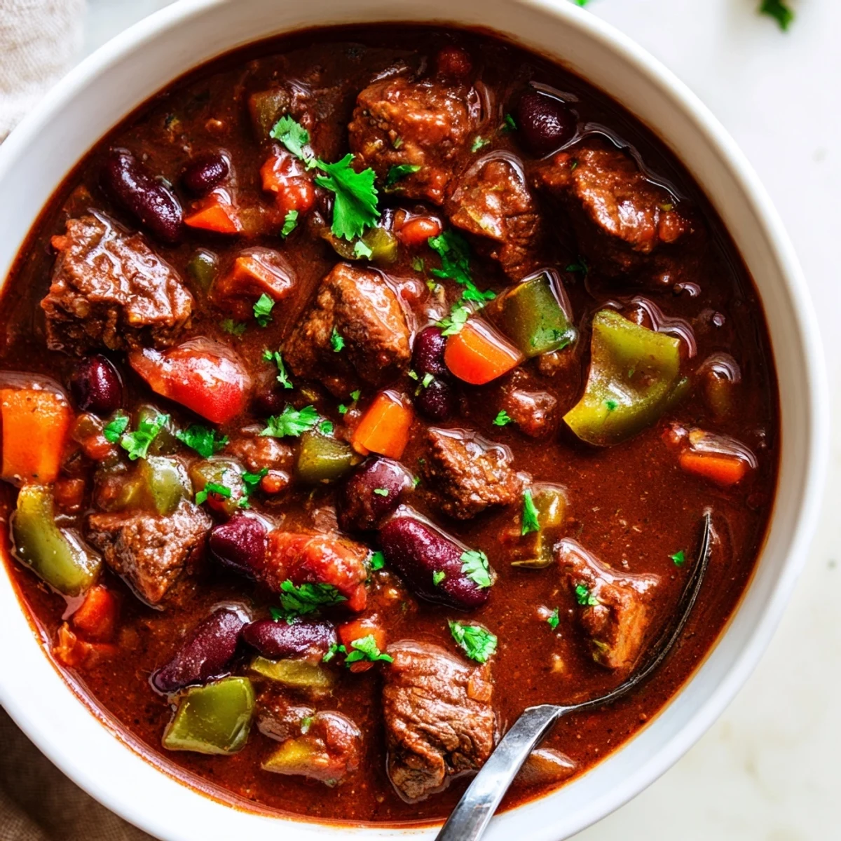 Steaming bowl of beefy chili stew loaded with tender meat and beans