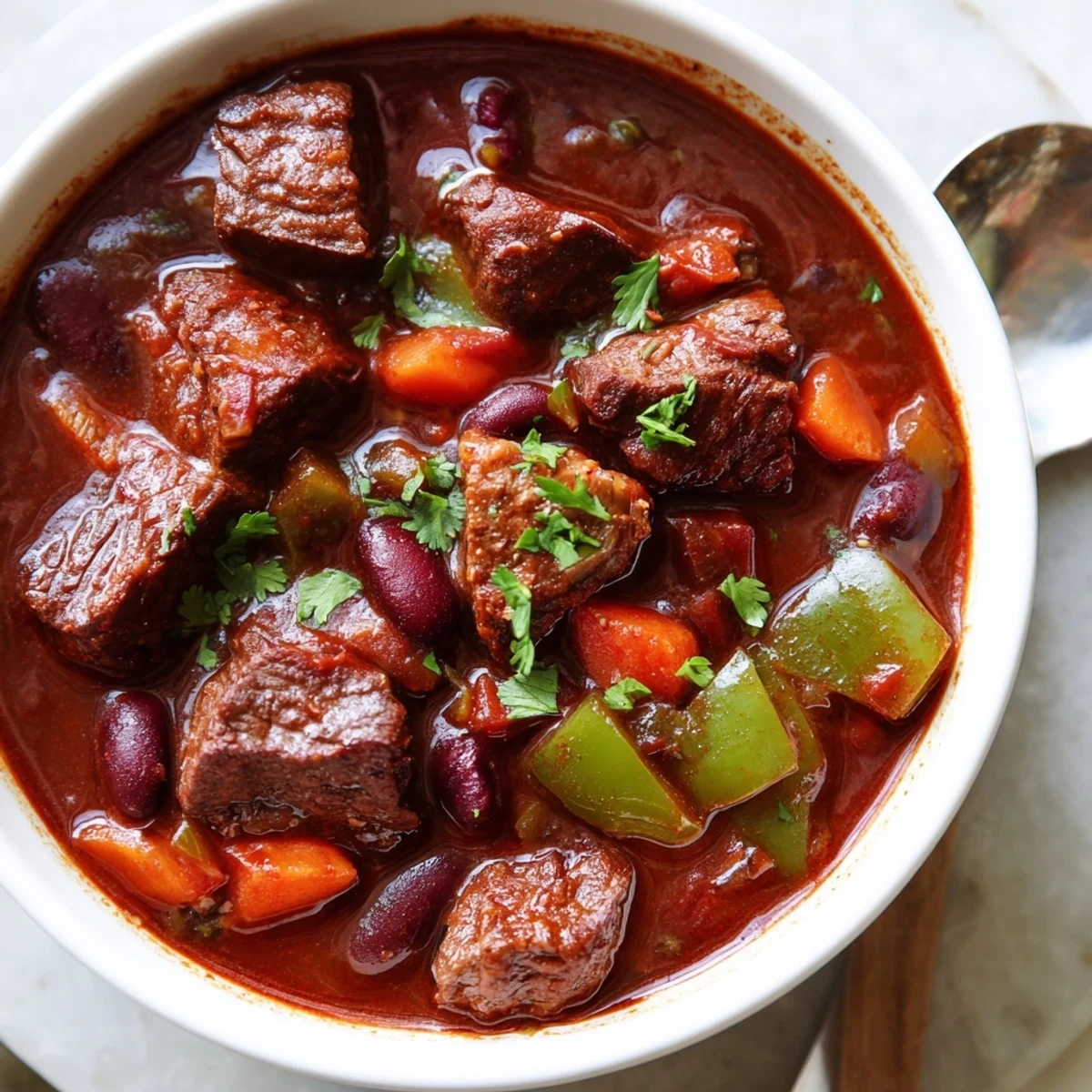 Thick beefy chili stew garnished with fresh cilantro in a rustic bowl