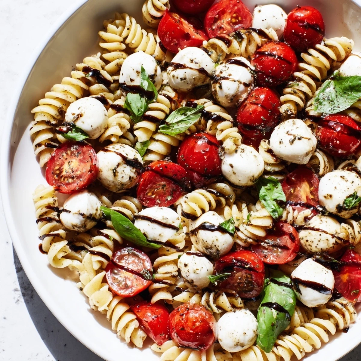 Creamy mozzarella and ripe tomatoes tossed in this chilled Caprese Pasta Salad