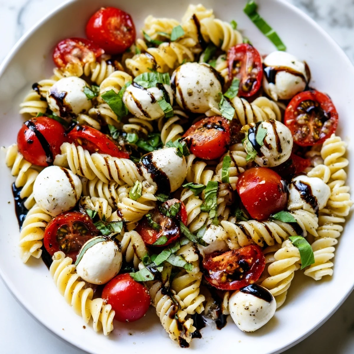 Bright Caprese Pasta Salad with cherry tomatoes, fresh mozzarella, and torn basil leaves