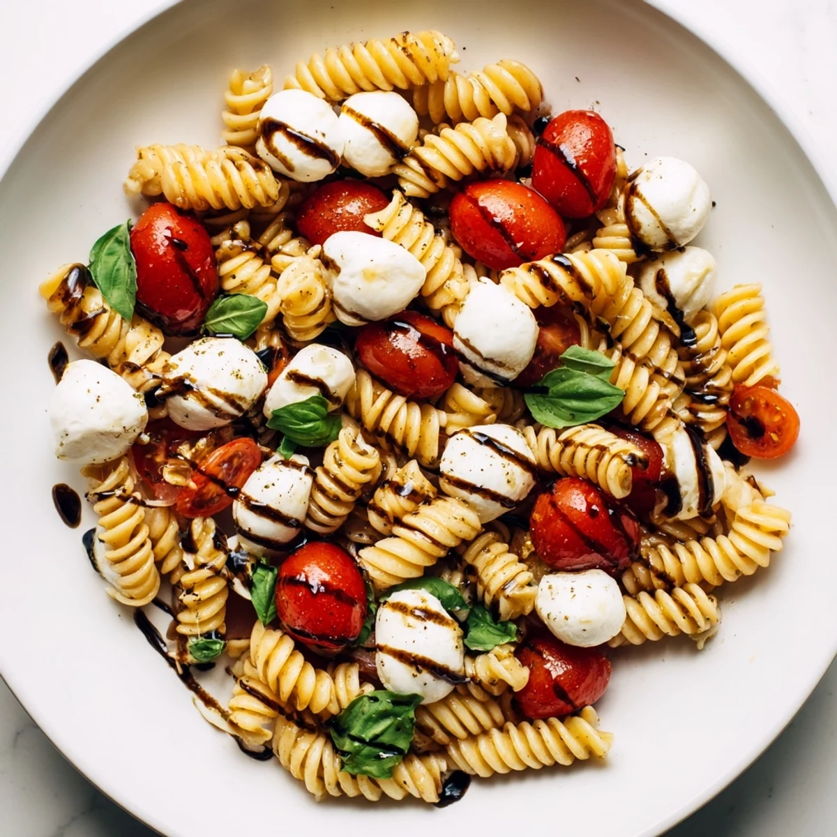 Colorful Caprese Pasta Salad drizzled with balsamic glaze in a rustic serving bowl