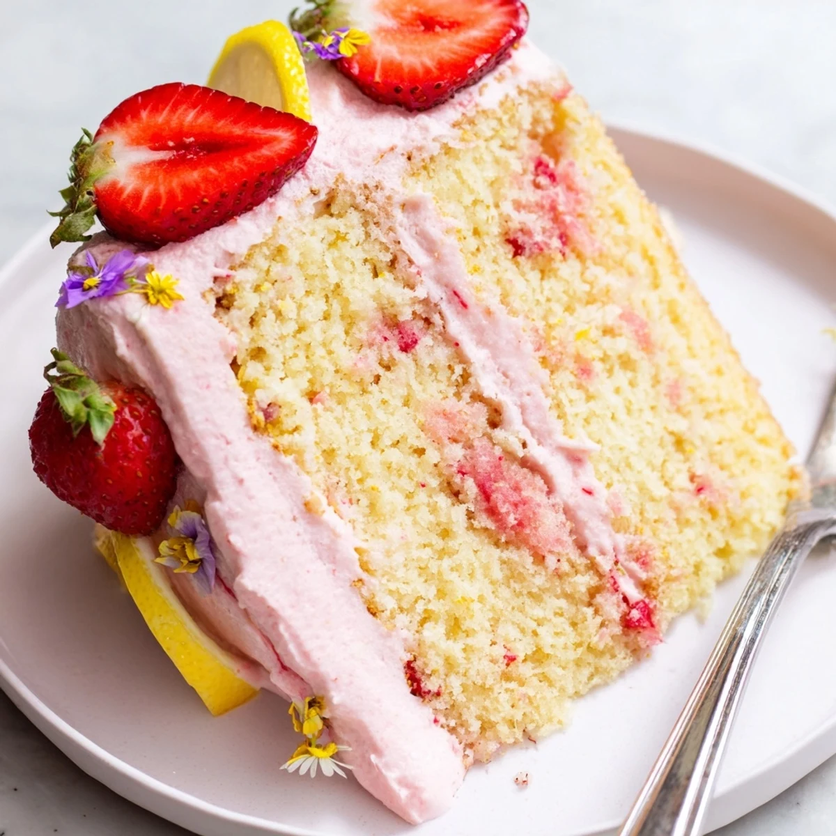 A slice of strawberry lemonade cake topped with pink frosting and fresh berries