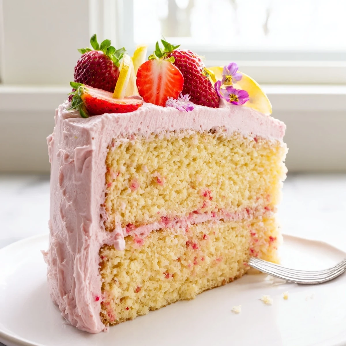 Moist strawberry lemonade cake layers with tangy cream cheese frosting on a rustic plate
