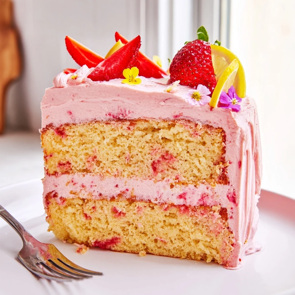 Bright strawberry lemonade cake garnished with lemon wheels and edible flowers for summer