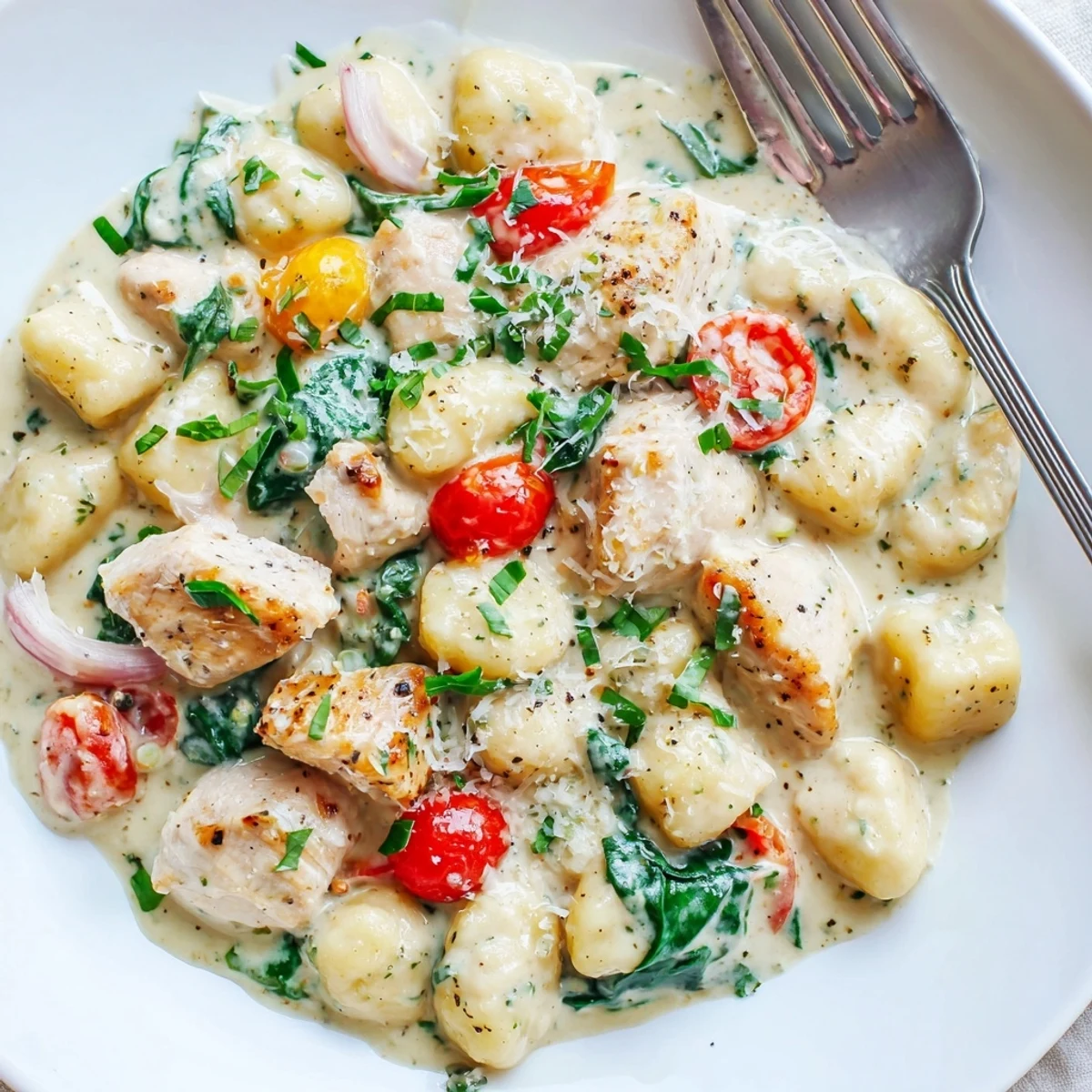 Creamy herb chicken gnocchi skillet bubbling in a cast iron pan with fresh parsley garnish