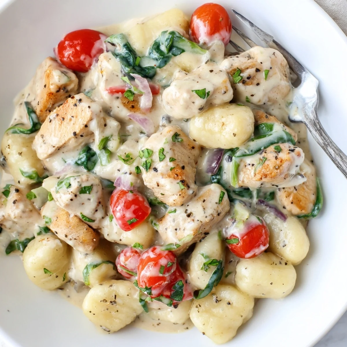 Golden chicken and pillowy gnocchi coated in a silky herb cream sauce with spinach