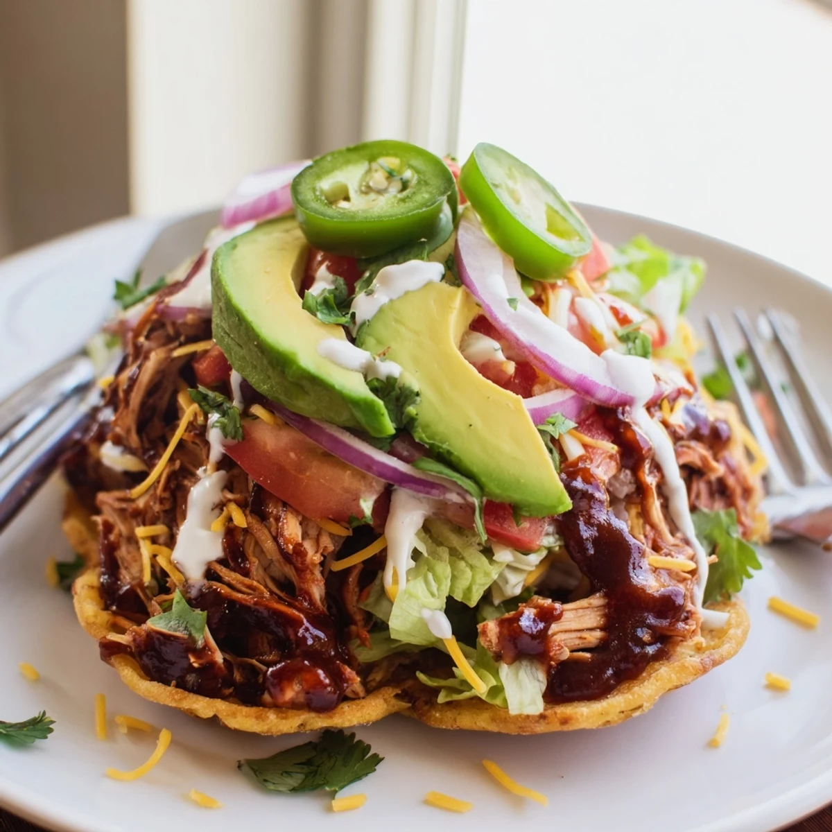 Crispy sweet smoky BBQ chicken tostadas piled high with fresh lettuce, tomato, and creamy avocado slices
