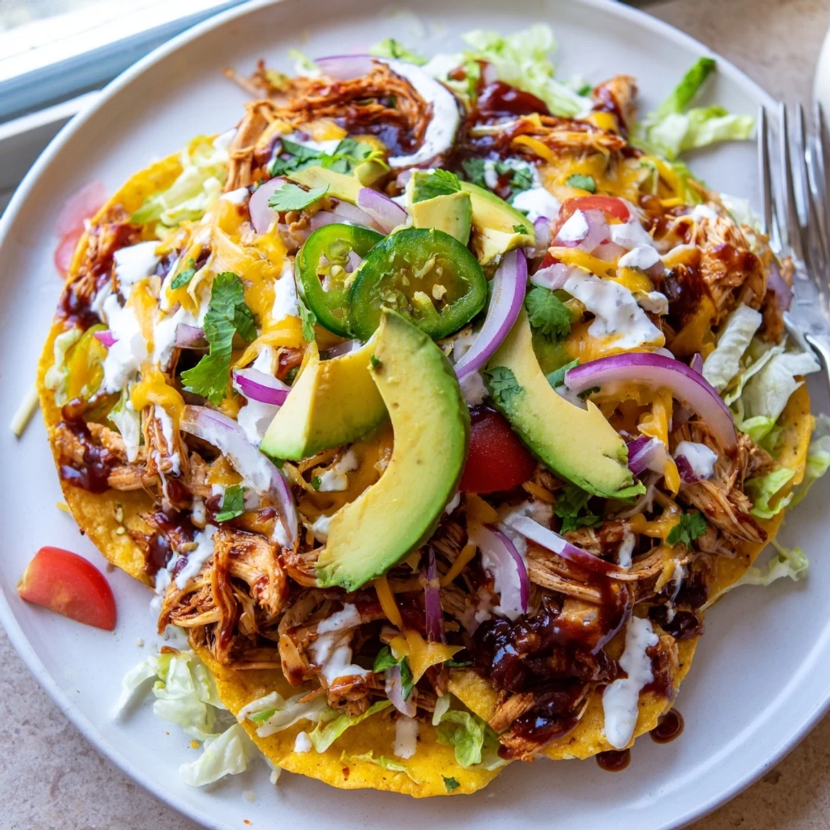 Golden tostada shells topped with tender sweet smoky BBQ chicken, melted cheese, and vibrant cilantro garnish