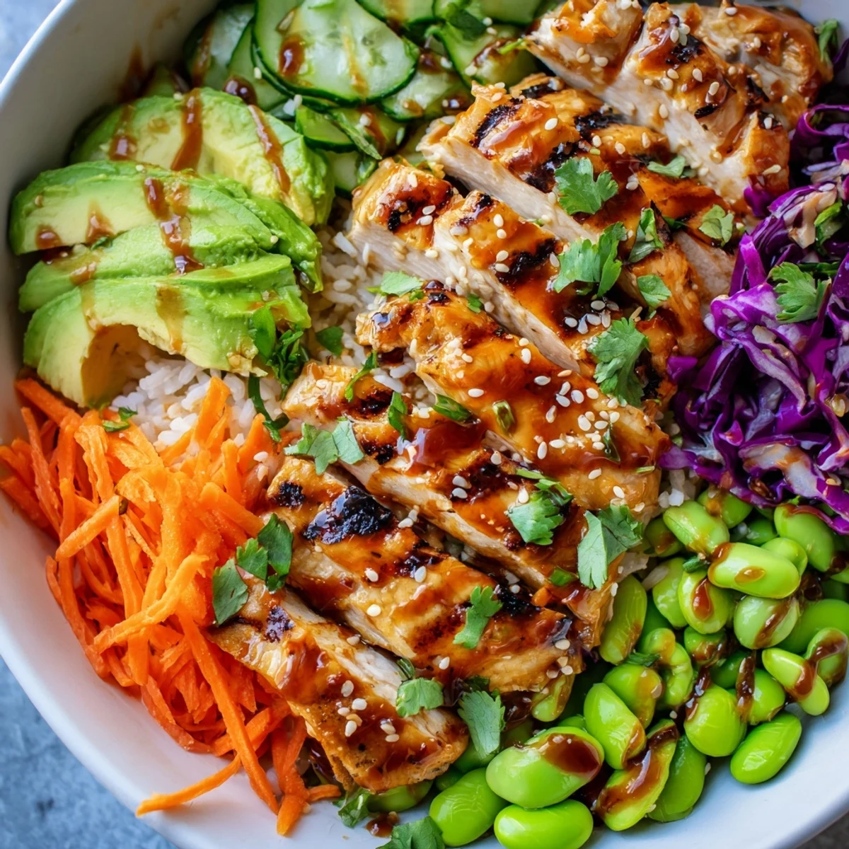 A colorful Asian inspired chicken power bowl with sesame glazed chicken and crisp vegetables