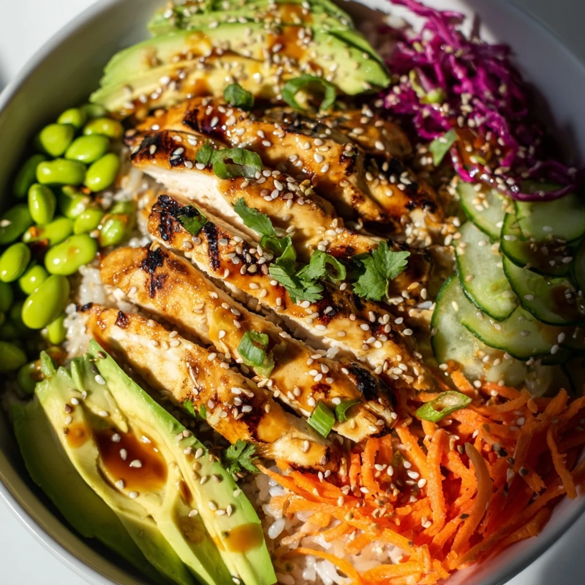 Asian inspired chicken power bowl served over fluffy rice with vibrant shredded cabbage and carrots