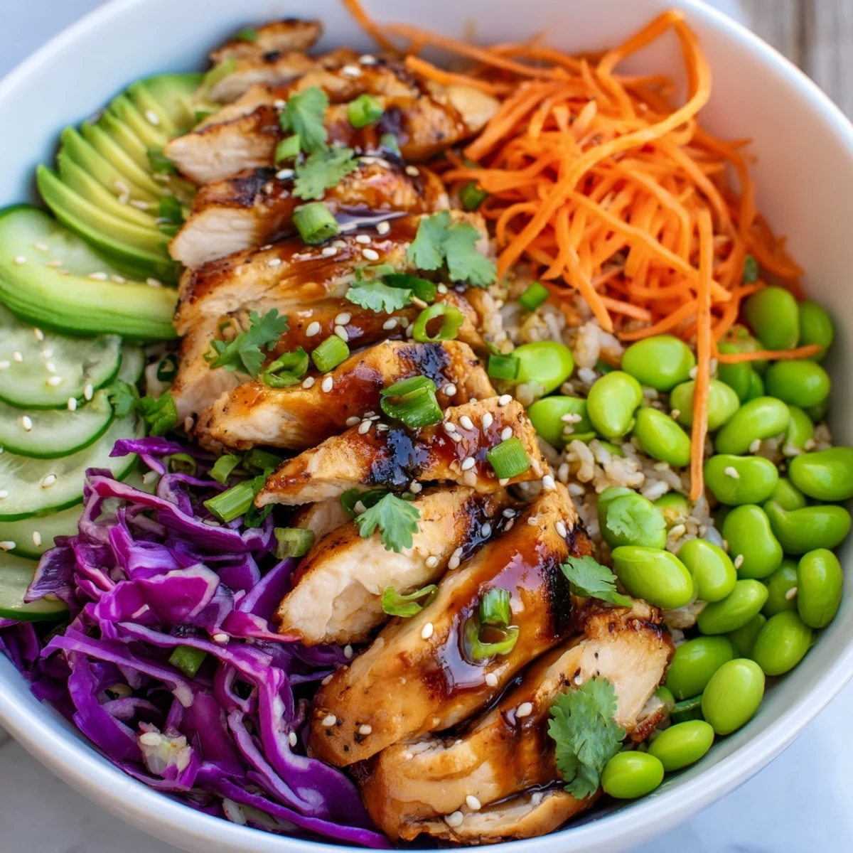 Close-up of an Asian inspired chicken power bowl drizzled with tangy sesame ginger dressing