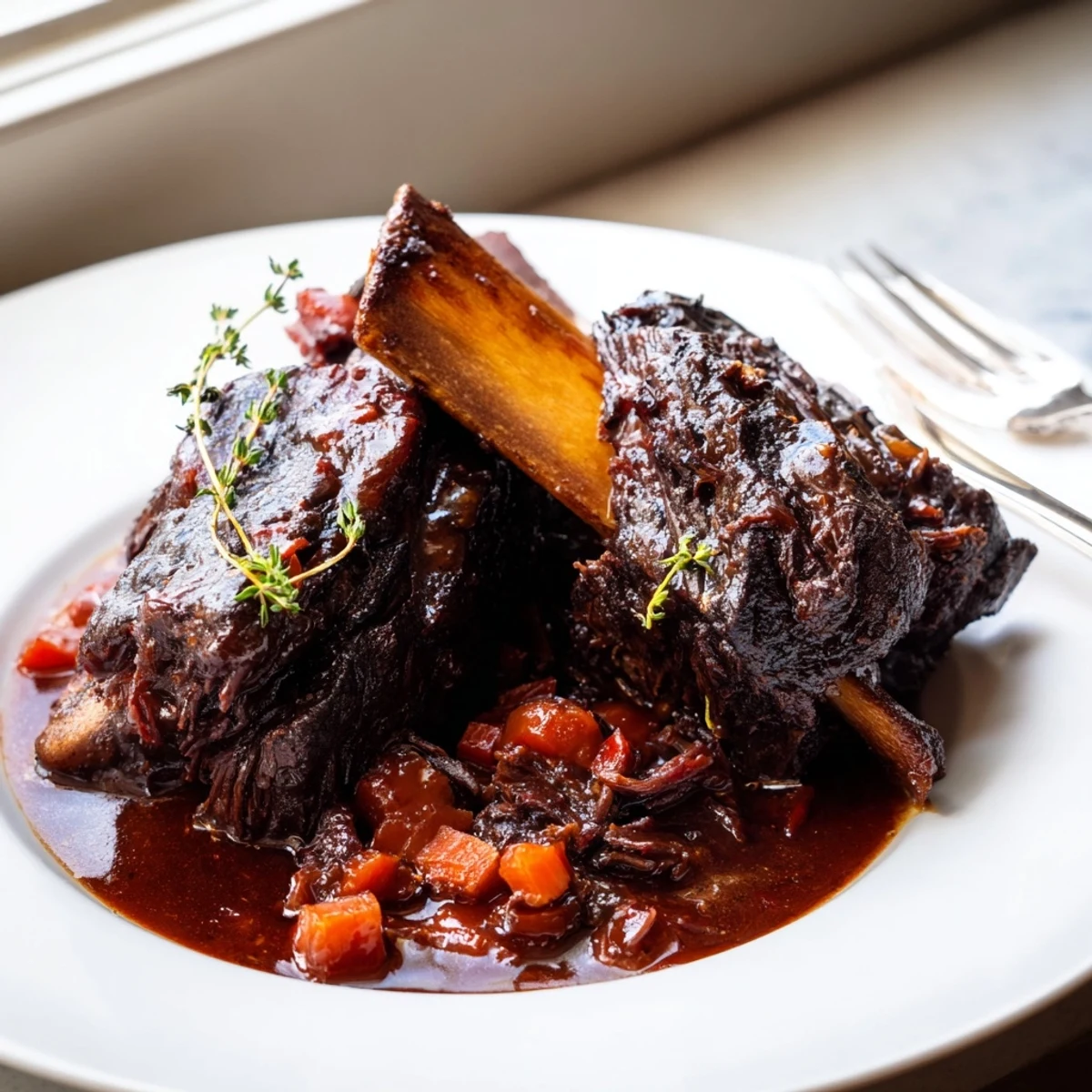 Fall-off-the-bone oven braised beef short ribs resting in a glossy red wine sauce