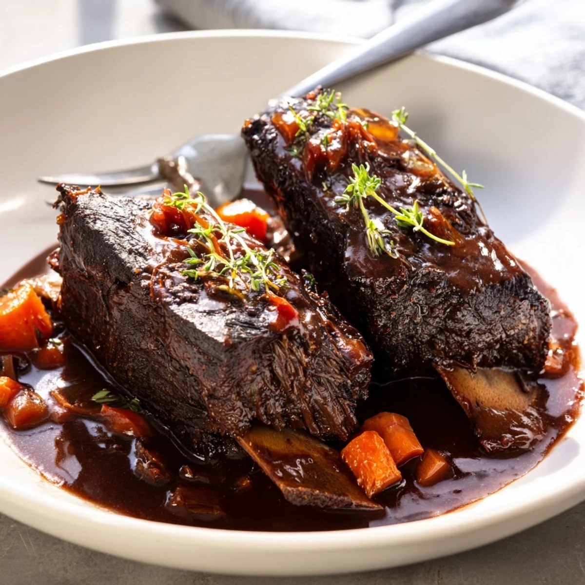 Tender oven braised beef short ribs nestled atop creamy mashed potatoes with fresh herbs