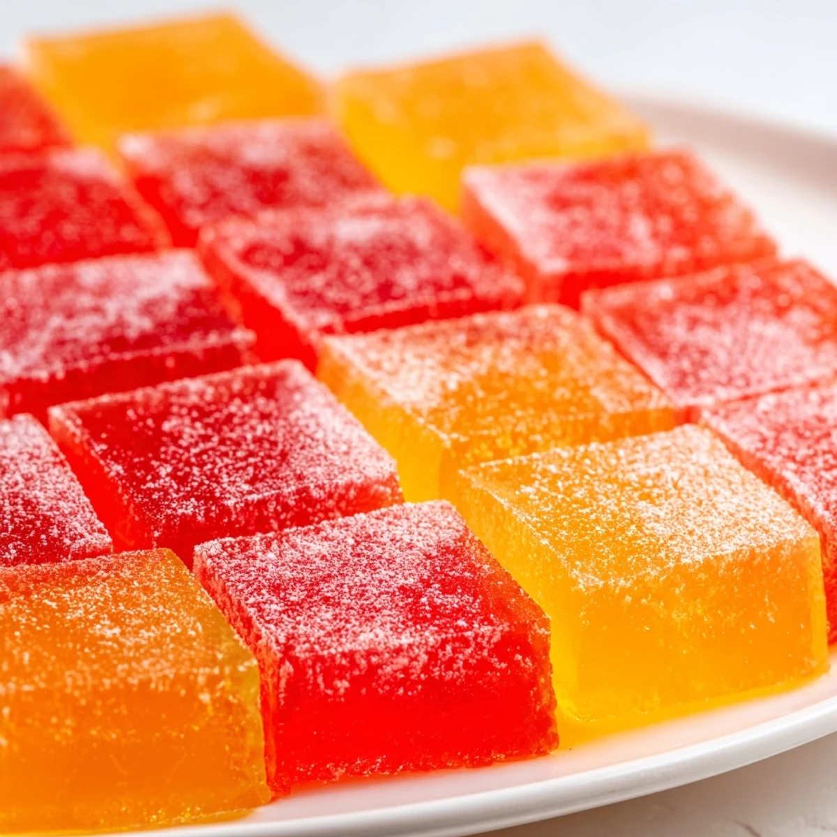 Glossy collagen fruit jellies in vibrant jewel-toned squares dusted with cornstarch on a marble board