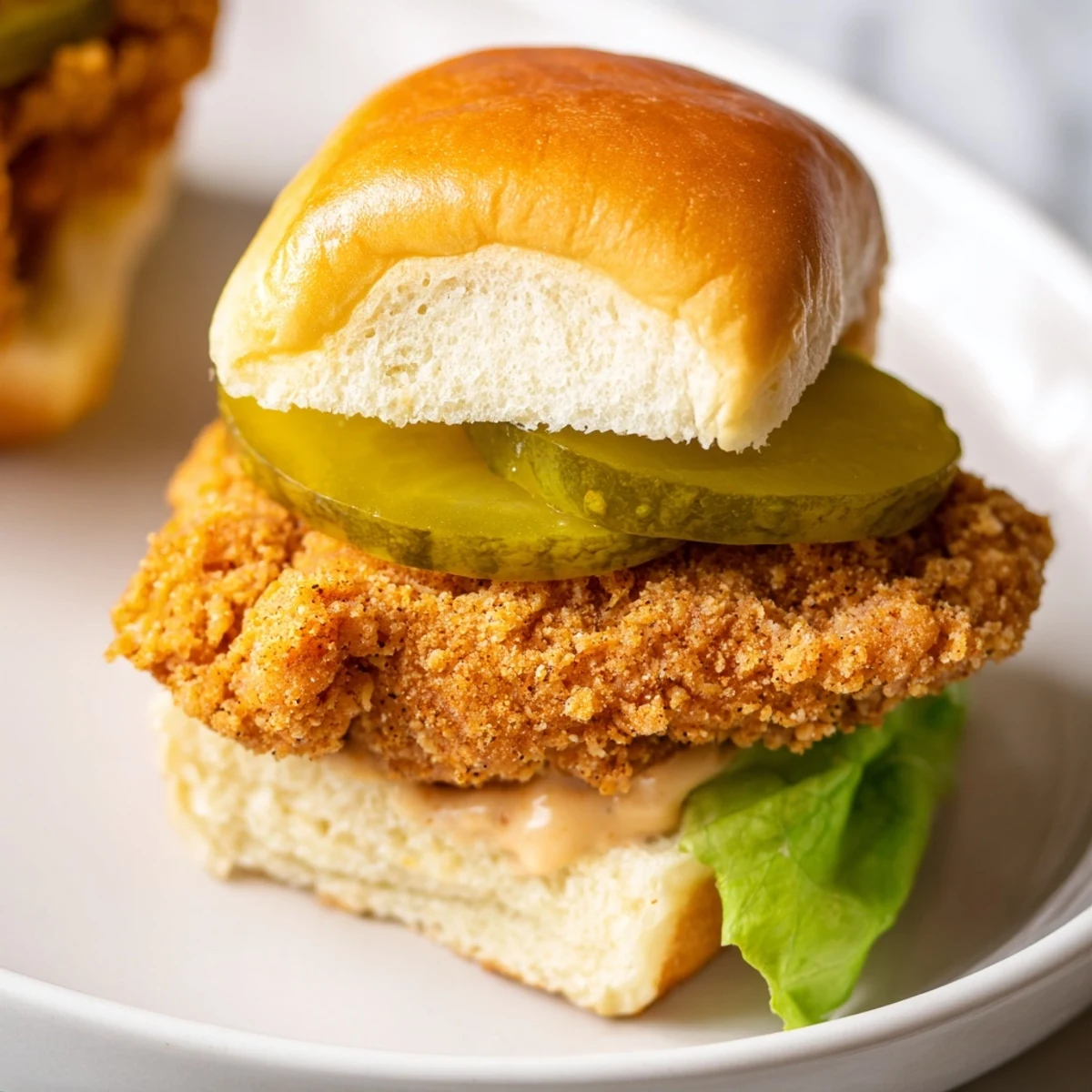 Golden crispy pickle brined fried chicken sliders stacked on soft buns with pickles and lettuce