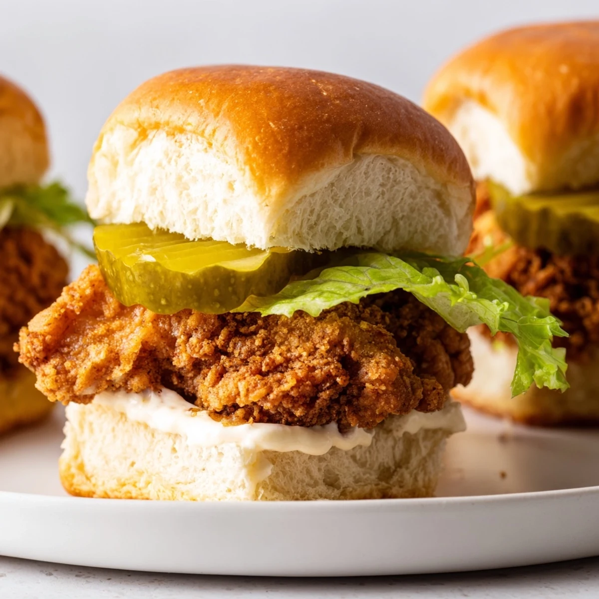 Close-up of pickle brined fried chicken sliders showing crunchy golden crust and zesty toppings