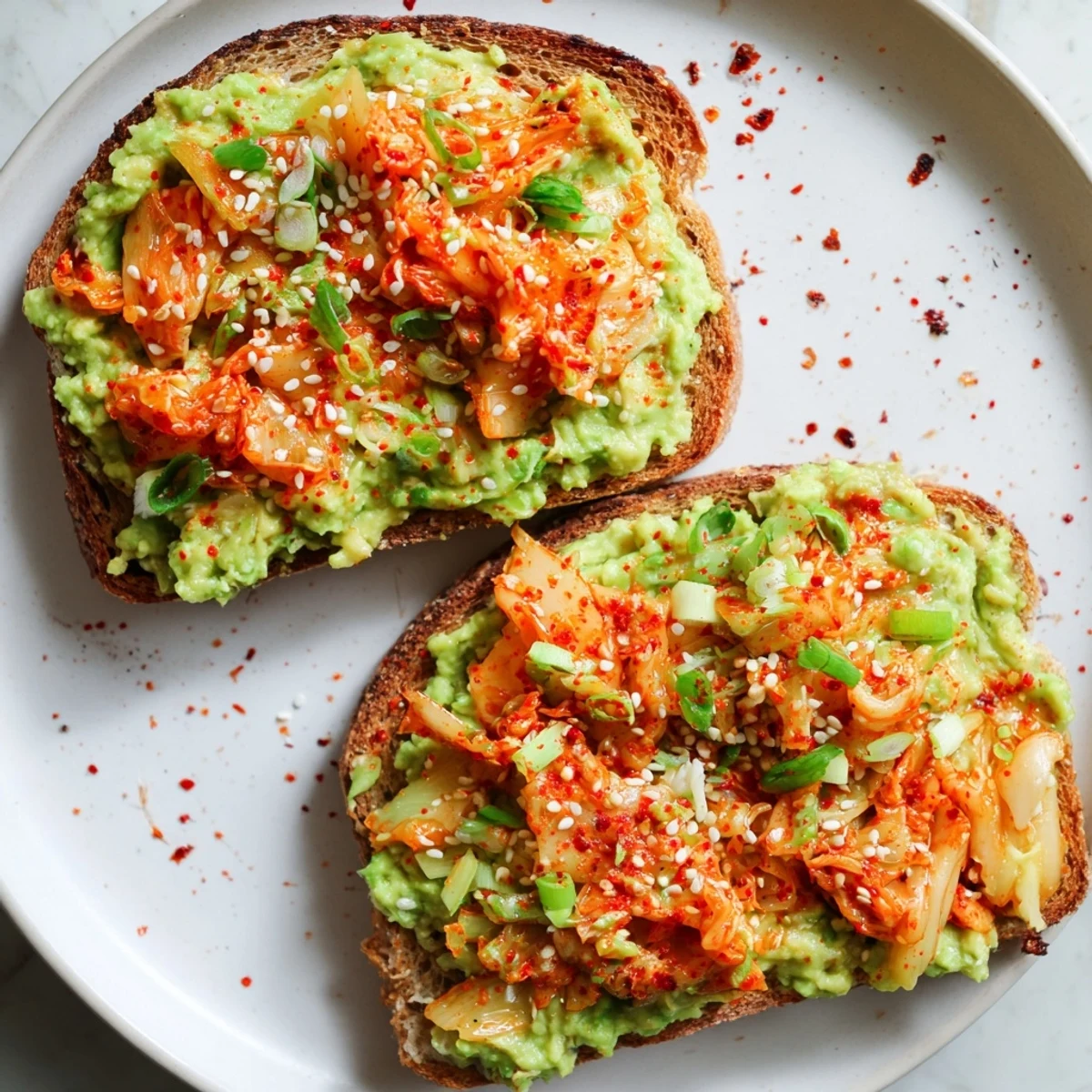 Crusty sourdough topped with bright kimchi avocado toast and sesame seeds