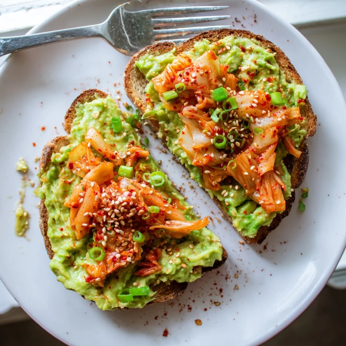 Spicy kimchi avocado toast garnished with green onions on a rustic cutting board