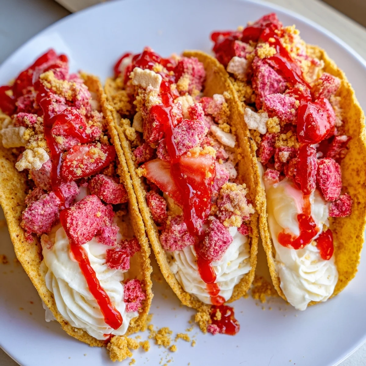 Crispy cinnamon sugar taco shells filled with creamy strawberry crunch cheesecake tacos