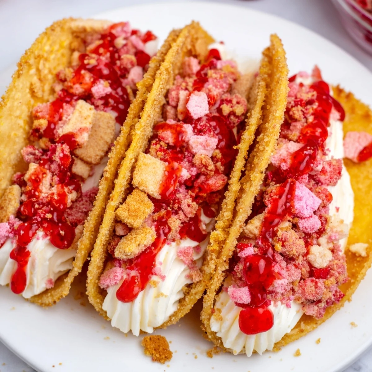 Golden strawberry crunch cheesecake tacos topped with crumbled cookies and bright berries