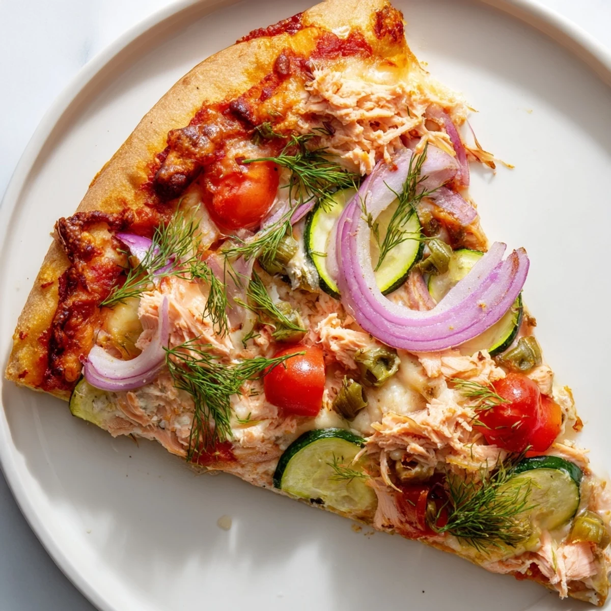 Golden tortilla pizza loaded with flaked leftover salmon, melted mozzarella, and fresh veggies.