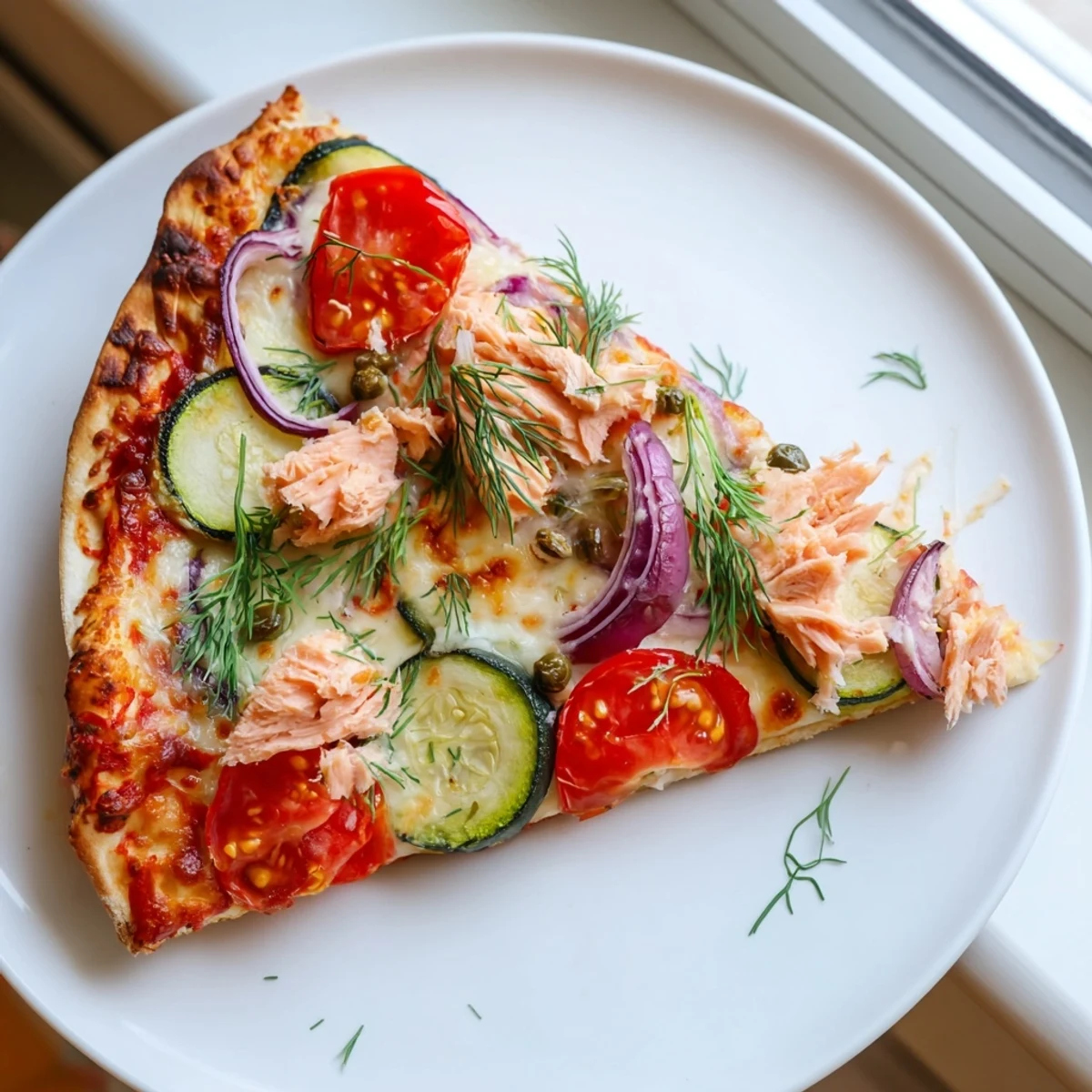 Crispy leftover salmon tortilla pizza topped with red onion, capers, and bubbling cheese.