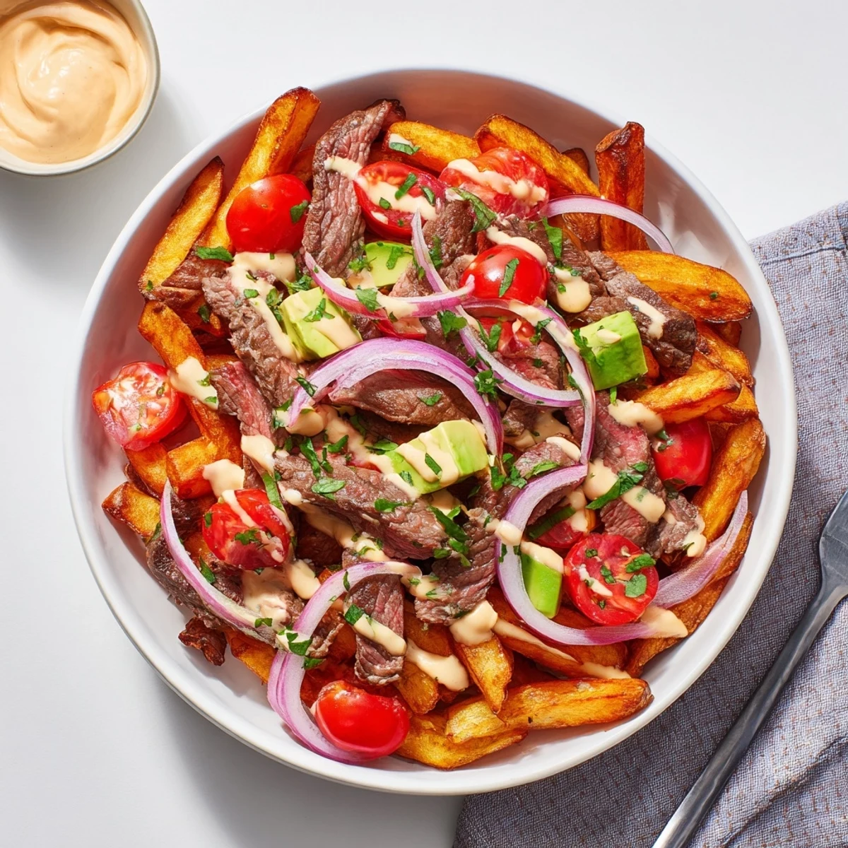 Hearty steak strips crispy fries bowl recipe topped with fresh avocado and savory sauce