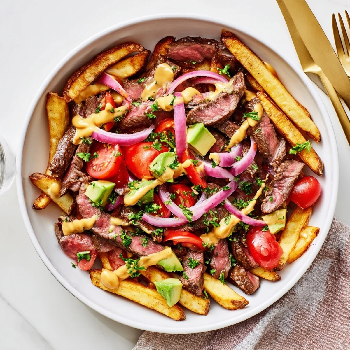 Crispy fries bowl recipe featuring juicy seared steak, colorful veggies, and creamy dressing
