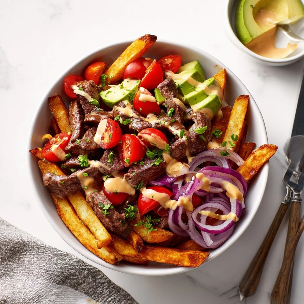 American-style steak strips crispy fries bowl recipe with golden potatoes and zesty drizzle