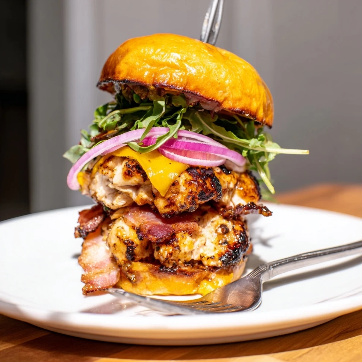 Golden glazed chicken stacked with crispy bacon and melted cheddar on a toasted bun