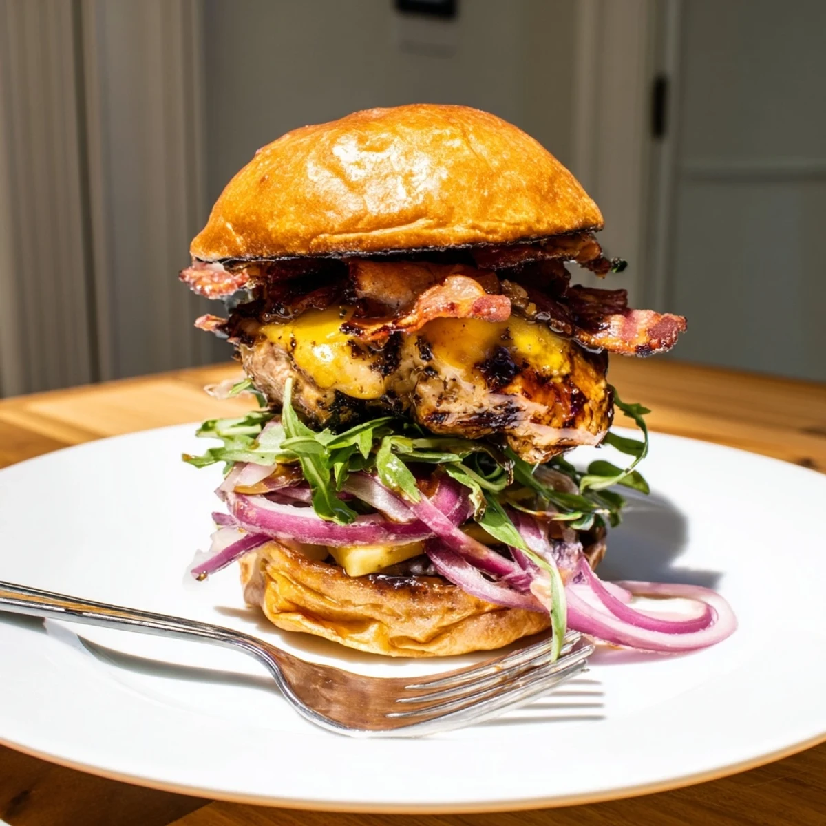 Maple chicken bacon slider sandwich featuring arugula, red onion, and sweet maple syrup glaze