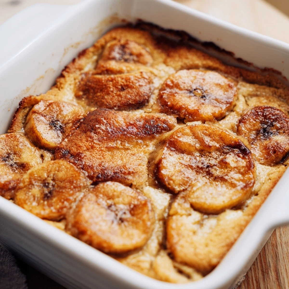 Warm Southern Banana Cobbler topped with fluffy biscuits and sliced ripe bananas.  