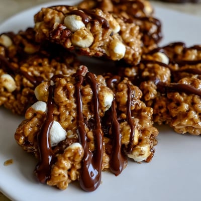 No Bake Coffee Crunch Rice Krispie Cookies arranged on parchment, showing crispy texture and melted chocolate topping, perfect for dessert.