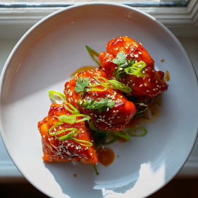 The Sweet and Spicy Thai Chicken is served over steamed jasmine rice, with lime wedges and sliced green onions on the side.