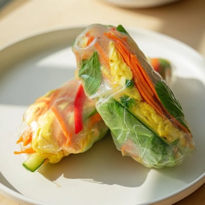 Delicate Omelette Spring Rolls arranged with julienned carrots, cucumber, and red bell pepper beside a small bowl of dipping sauce.