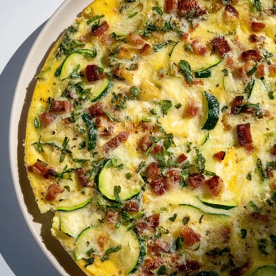 A freshly baked slice of the Zucchini Herb and Pancetta Frittata served on a white ceramic plate.